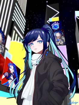 Rule 34 | 1girl, ado (utaite), aegyo sal, annotated, artist self-reference, black jacket, blue eyes, blue hair, chando (ado), colored inner hair, commentary request, hands up, highres, jacket, long hair, multicolored hair, naima (ado), outdoors, parted lips, ponytail, scarf, sky, star (sky), starry sky, tomoyaku, usseewa, utaite, white scarf