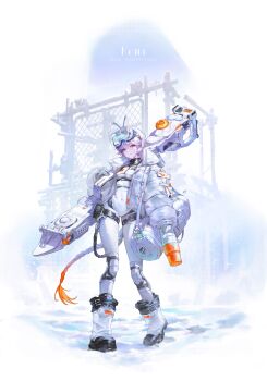 1girl absurdres bodysuit boots breasts commentary covered_navel doksa english_commentary goggles goggles_on_head hair_between_eyes highres jacket looking_at_viewer medium_breasts original pink_eyes purple_hair short_hair solo thighs white_background white_bodysuit white_jacket