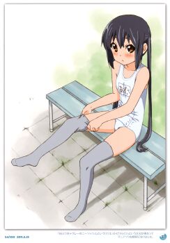 1girl 2011 absurdres black_hair brown_eyes dated errant feet female_focus grey_thighhighs highres k-on! long_hair nakano_azusa no_shoes one-piece_swimsuit school_swimsuit sitting solo swimsuit thighhighs twintails white_one-piece_swimsuit white_school_swimsuit