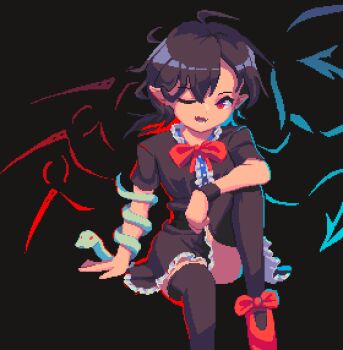 1girl asymmetrical_wings black_dress black_hair black_thighhighs blue_wings bow bowtie center_frills commentary dress frills houjuu_nue looking_at_viewer medium_hair one_eye_closed pixel_art pointy_ears potemki11 red_bow red_bowtie red_eyes red_shoes red_wings shoes short_sleeves solo thighhighs touhou wings