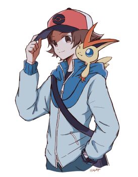 1boy bag baseball_cap blue_eyes blue_jacket brown_eyes brown_hair closed_mouth gen_5_pokemon hat highres hilbert_(pokemon) jacket legendary_pokemon long_sleeves mythical_pokemon nintendo on_shoulder one_eye_closed pants poke_ball_print pokemon pokemon_(creature) pokemon_bw pokemon_on_shoulder shippo_(sbnk4po) shirt short_hair shoulder_bag simple_background smile upper_body victini white_background zipper_pull_tab