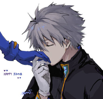 Rule 34 | 2boys, absurdres, black jacket, closed eyes, commentary, gloves, grey hair, heart, highres, ikari shinji, jacket, kiss, kissing hand, male focus, multiple boys, nagisa kaworu, neon genesis evangelion, out of frame, signature, simple background, solo focus, untranslatable commentary, translation request, white background, white gloves, yorumi1117