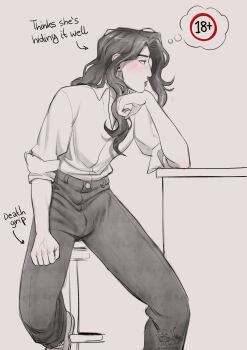 1futa absurdres blush bulge celine_(kpop_demon_hunters) collared_shirt commentary elbow_on_table english_commentary english_text erection erection_under_clothes futanari highres kpop_demon_hunters long_hair on_stool pants shirt signature sitting sleeves_rolled_up solo spot_color sunkenbeast