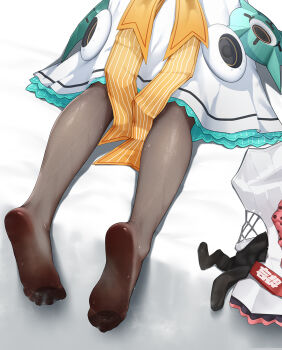 1girl angels_of_delusion aria_(zenless_zone_zero) black_pantyhose black_socks commentary_request dress feet foot_focus frilled_dress frills leg_focus lying no_shoes on_bed on_stomach out_of_frame pantyhose socks soles solo spread_toes sweaty_feet toe_seam toes wd_(1106592840) zenless_zone_zero