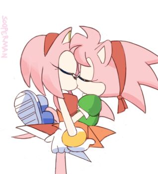 2girls amy_rose artist_name classic_amy_rose closed_eyes dual_persona furry furry_female furry_with_furry kiss leg_lock loli multiple_girls selfcest sonic_(series) sooperman yuri