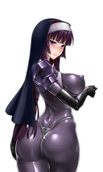1girl armor ass blush bodysuit breasts covered_erect_nipples elbow_gloves from_behind g-string game_cg gloves highleg kamori_sayaka large_breasts latex long_hair looking_at_viewer looking_back matai_toshi non-web_source nun original purple_bodysuit purple_eyes purple_hair rindou_(radical_dream) shiny_clothes skin_tight solo thighhighs thong transparent_background variant_set