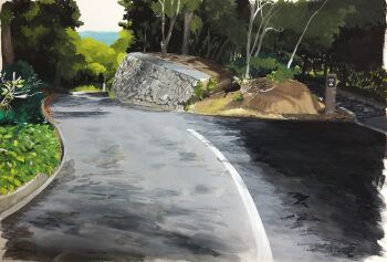 blue_sky bush commentary forest harusa1107 highres highway nature no_humans original outdoors painting_(medium) road scenery sidewalk sky stone_wall symbol-only_commentary traditional_media tree