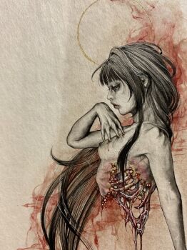 1girl black_hair bleeding blood breasts commentary_request completely_nude exposed_bone expressionless from_side guro highres long_hair meimaro nude original painting_(medium) profile ribs severed_torso small_breasts solo traditional_media upper_body very_long_hair