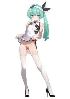 Rule 34 | 1girl, absurdres, aqua hair, bare arms, blush, bottomless, breasts, china dress, chinese clothes, cleavage cutout, closed mouth, clothes lift, clothing cutout, commentary, commission, covered navel, dress, eco 376124, floral print, floral print dress, full body, gluteal fold, hair ornament, high heels, highres, indie virtual youtuber, lifting own clothes, long hair, looking at viewer, pelvic curtain, pelvic curtain lift, pixiv commission, print dress, purple eyes, pussy, side ponytail, simple background, small breasts, solo, standing, thighhighs, thighs, tonari mei, uncensored, virtual youtuber, white background, white dress, white thighhighs, x hair ornament