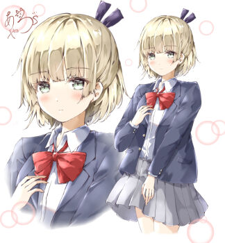 1girl absurdres alternate_costume ayaro_(genkiloobaii) black_jacket black_ribbon blonde_hair blunt_bangs blush bow bowtie closed_mouth collared_shirt commentary cowboy_shot expressionless green_eyes grey_skirt hair_ribbon half_updo hand_up heaven_burns_red highres jacket long_sleeves looking_at_viewer medium_hair miniskirt nanase_nanami_(heaven_burns_red) open_clothes open_jacket pleated_skirt red_bow red_bowtie ribbon school_uniform shirt signature simple_background skirt solo white_background white_shirt zoom_layer