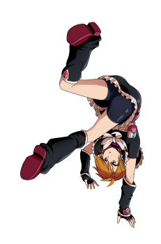 1girl bike_shorts bike_shorts_under_skirt black_arm_warmers black_gloves black_leg_warmers commentary crop_top cure_black fingerless_gloves full_body futari_wa_precure galois gloves handstand highres kneehighs leg_warmers midriff misumi_nagisa one_arm_handstand orange_eyes orange_hair pouch precure red_shoes shoes short_hair socks solo upside-down