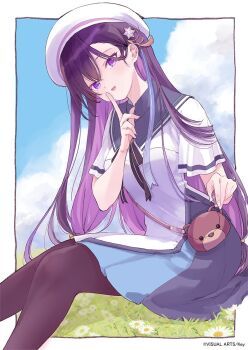 1girl anemoi animal_print asami_yuriko bag bear_print black_hair black_pantyhose black_ribbon blue_dress blush border colored_inner_hair commentary_request copyright_notice day dress eyelashes feet_out_of_frame finger_to_mouth flower from_side grass hair_behind_ear hair_between_eyes hair_ornament hand_up handbag hat hayakawa_rikka highres index_finger_raised long_hair looking_at_viewer multicolored_hair open_mouth outdoors outside_border pantyhose pleated_dress purple_eyes purple_hair ribbon sailor_hat second-party_source short_dress short_sleeves sitting smile solo star_(symbol) star_hair_ornament two-tone_dress two-tone_hair very_long_hair white_border white_dress white_flower white_hat wide_sleeves