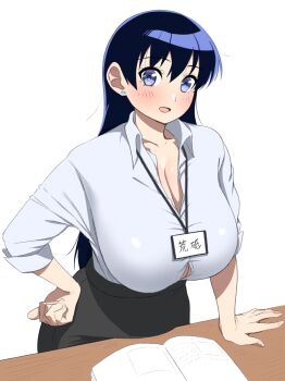 1girl alternate_costume arato_nagi arm_support black_hair black_skirt blue_eyes blush book breasts button_gap cleavage collared_shirt commentary desk dress_shirt earrings hand_on_own_hip high-waist_skirt highres huge_breasts id_card imiin jewelry lanyard leaning_forward long_hair open_book open_mouth partially_unbuttoned ruri_no_houseki shirt simple_background skirt sleeves_rolled_up solo stud_earrings translated white_background white_shirt