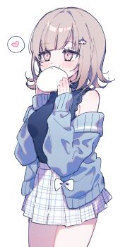 1girl bare_shoulders breasts brown_hair commentary danganronpa_(series) danganronpa_2:_goodbye_despair eating flipped_hair food hair_ornament highres jacket long_sleeves medium_hair miniskirt nanami_chiaki nekojiri pink_eyes ribbon shirt skirt solo symbol-only_commentary white_skirt