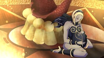 1girl anoartist1994 black_dress black_headband black_scarf blonde_hair commission commissioner_upload dress fish_statue gravity_daze hands_on_own_stomach headband high_heels highres kitten_(gravity_daze) looking_down on_floor outdoors pregnant red_eyes scarf smile solo statue stone_floor strapless sunlight tan