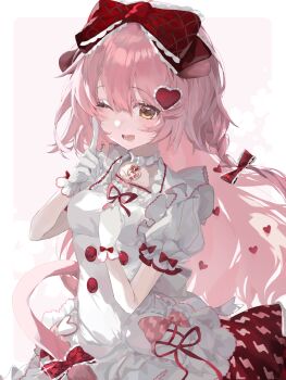 1girl ;d animal_ears arknights border bow braid breasts buttons cat_ears cat_girl cat_tail chinese_commentary commentary_request double-breasted dress frilled_bow frills gloves goldenglow_(arknights) goldenglow_(party_in_the_garden)_(arknights) hair_bow hair_ornament hand_on_own_chest heart heart_hair_ornament highres medium_breasts one_eye_closed open_mouth pink_background pink_hair puffy_short_sleeves puffy_sleeves red_bow short_sleeves side_braid smile solo tail tail_bow tail_ornament upper_body white_border white_dress white_gloves xinjinjumin032839212961 yellow_eyes