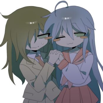 Rule 34 | 2girls, :3, ahoge, black hair, blue hair, blush stickers, brown jacket, brown skirt, closed mouth, collared shirt, commentary, crossover, deliriumcenter, green eyes, hair over one eye, highres, izumi konata, jacket, kuroki tomoko, long hair, looking at viewer, lucky star, multiple girls, neckerchief, necktie, one eye closed, pleated skirt, red neckerchief, red necktie, red sailor collar, red skirt, sailor collar, school uniform, serafuku, shirt, simple background, skirt, untranslatable commentary, watashi ga motenai no wa dou kangaetemo omaera ga warui!, wavy mouth, white background, white serafuku, white shirt