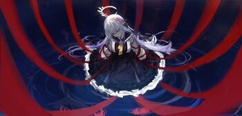 1girl absurdres azusa_(blue_archive) blue_archive dress entangled flower frilled_dress frills hair_between_eyes hair_flower hair_ornament hair_ribbon halo head_tilt highres huge_filesize incredibly_absurdres long_hair looking_down on_floor parted_lips purple_eyes ribbon sidelocks solo stream teeth white_hair ye_he_yue