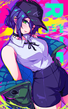 1girl bare_shoulders baseball_cap black_choker black_hat black_ribbon black_shorts blue_hair blush breasts chainsaw_man character_name choker collared_shirt colorful_background commentary cowboy_shot double-parted_bangs green_eyes green_jacket grenade_pin grey_shirt hair_between_eyes hair_bun hat high-waist_shorts highres jacket jacket_partially_removed karan_koron100 long_hair_between_eyes looking_at_viewer medium_breasts neck_ribbon one_eye_closed reze_(chainsaw_man) ribbon shirt shirt_tucked_in short_hair shorts single_hair_bun sleeveless sleeveless_shirt smile solo tongue tongue_out