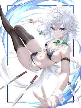 1girl alternate_costume between_fingers bikini black_bikini black_thighhighs bow braid braided_sidelocks breasts cleavage closed_mouth detached_collar frilled_bikini frills green_bow grey_hair hair_bow highres holding holding_knife izayoi_sakuya knife knives_between_fingers looking_at_viewer maid maid_bikini maid_headdress medium_breasts navel skindentation smile solo stomach swimsuit thighhighs thighs touhou tsukiyuki_mike unconventional_maid white_headdress white_wrist_cuffs wrist_cuffs