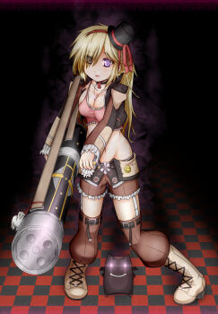 Rule 34 | 1girl, black hat, blonde hair, boots, breasts, brown jacket, brown thighhighs, checkered floor, commentary request, crop top, cross, cross necklace, deviruchi, eyes visible through hair, frilled sleeves, frills, full body, gatling gun, gun, gunslinger (ragnarok online), hair between eyes, hair over one eye, hairband, hat, haty, holding, holding gun, holding weapon, jacket, jewelry, large breasts, long bangs, long hair, long sleeves, looking at viewer, mahou shoujo madoka magica, mini hat, mini top hat, minigun, navel, necklace, open mouth, parody, pink tank top, purple eyes, ragnarok online, red hairband, smile, solo, standing, tank top, thighhighs, top hat, weapon, white boots