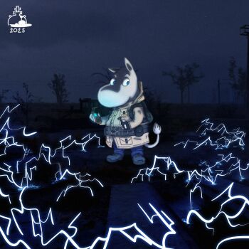 2025 adapted_costume anomaly_(stalker) antykvarnyy_kalamar belt blue_eyes colored_skin crossover denim electricity fingerless_gloves gameplay_mechanics gloves highres jeans moomin moomintroll pants screenshot_background shaded_face stalker_(game) stalker_2:_heart_of_chornobyl tail white_skin