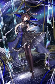 Rule 34 | 1girl, absurdres, ambience synesthesia, amiya (arknights), amiya (medic) (arknights), amiya (medic) (solo around the world) (arknights), animal ears, arknights, bare shoulders, black dress, black gloves, black hat, black pantyhose, blue bow, blue eyes, bow, bow (music), braid, brown hair, chinese commentary, commentary request, dress, ears through headwear, extra ears, frilled dress, frilled hat, frills, full body, gloves, hair between eyes, hair ornament, hat, highres, holding, holding bow (music), jewelry, long hair, looking at viewer, minuolin, multiple rings, official alternate costume, pantyhose, rabbit ears, rabbit girl, ring, single glove, smile, solo, star (sky), star (symbol), star hair ornament, starry sky background, two-sided fabric, two-sided headwear, water, witch hat