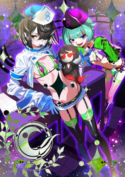 2girls absurdres belt bikini black_boots black_hair black_hat blue_hat blush boots breasts brown_eyes cosplay fate/grand_order fate_(series) florence_nightingale_(fate) florence_nightingale_(trick_or_treatment)_(fate) florence_nightingale_(trick_or_treatment)_(fate)_(cosplay) garrison_cap gloves green_bikini green_gloves green_hair green_shrug green_thighhighs hair_over_one_eye hat highres kitsunebi44410 lady_yu_doll layered_bikini locusta_(fate) long_sleeves looking_at_viewer microskirt mole mole_under_eye multicolored_hair multiple_girls navel open_mouth pink_thighhighs purple_bikini purple_boots purple_eyes purple_hair purple_hat purple_skirt revealing_clothes sharp_teeth short_hair shrug_(clothing) skirt small_breasts smile swimsuit syringe teeth thigh_boots thighhighs thighhighs_under_boots two-tone_hair white_hat white_shrug white_skirt xu_fu_(fate)