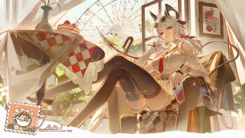 1girl absurdres ahoge bag black_horns black_jacket black_nails black_shoes black_tail black_thighhighs cake cake_slice chinese_commentary closed_mouth closed_umbrella clothing_cutout commentary_request crossed_legs cup curled_horns demon_tail disposable_cup dress earrings eyewear_on_head ferris_wheel fingernails food grey_dress grey_hair hair_between_eyes high_heels highres holding holding_cup horns indoors jacket jewelry long_hair mole mole_under_eye multicolored_hair nail_polish necktie red_eyes red_necktie sanyue_qiushi shoes shopping_bag shoulder_cutout sitting solo streaked_hair sunglasses sweater sweater_dress table tail thighhighs thighs umbrella unworn_jacket white_umbrella wuthering_waves zani_(downtown_repose)_(wuthering_waves) zani_(wuthering_waves)