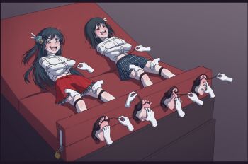 2girls barefoot bdsm bondage bound bound_toes character_request copyright_request crying crying_with_eyes_open disembodied_hand feathers highres lying multiple_girls on_back soles straitjacket tears tickle_torture tickling tickling_feet tickling_stomach wtfeather