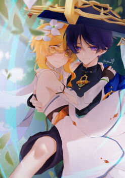 1boy 1girl absurdres arm_cutout black_bodysuit black_gloves black_hat black_shorts blonde_hair blue_cape blue_trim blunt_ends bodysuit cape carrying closed_mouth clothing_cutout cloud cloudy_sky detached_sleeves dress eyelashes eyeliner eyeshadow falling_leaves floating flower genshin_impact glint gloves gold grey_pupils grey_sky grin hair_flower hair_ornament hand_on_another&#039;s_back hand_on_another&#039;s_shoulder hat hetero highres japanese_clothes jingasa kimono kykuma4 leaf levitation looking_at_viewer lumine_(genshin_impact) makeup mandarin_collar nervous_sweating orange_pupils outdoors partially_fingerless_gloves princess_carry purple_eyes purple_hair red_eyeliner red_eyeshadow scaramouche_(genshin_impact) short_hair short_hair_with_long_locks shorts shoulder_peek sidelocks sky smile sweat tareme teeth tree tsurime twitter_username vambraces wanderer_(genshin_impact) white_dress white_flower white_kimono white_sleeves wide-eyed wind wispy_bangs