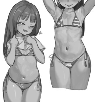 1girl american_flag_bikini american_flag_print armpits arms_up bikini clothes_lift driftingtiger fang flag_print flag_print_bikini flat_chest greyscale legs loli long_hair looking_at_viewer mesugaki micro_bikini monochrome navel original print_bikini shirt shirt_lift side-tie_bikini_bottom skin_fang smile solo standing stomach swimsuit thighs white_background