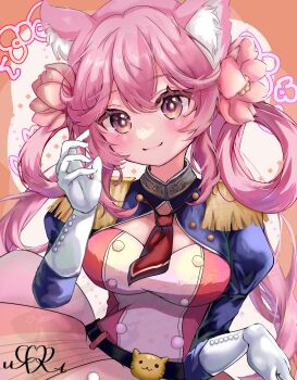 1girl animal_ear_fluff animal_ears blue_shrug blush breasts cat_belt_buckle cat_ears cat_girl cleavage closed_mouth commentary commission cowboy_shot double-parted_bangs dress flower gloves hair_flower hair_ornament hand_up highres indie_virtual_youtuber large_breasts long_hair looking_at_viewer necktie pink_dress pink_hair red_necktie reinya_himemiya rina_xx203 short_necktie shrug_(clothing) skeb_commission smile solo symbol-only_commentary virtual_youtuber white_gloves