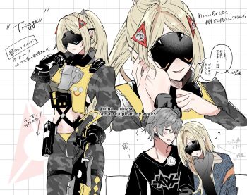 Rule 34 | 1boy, 1girl, black gloves, black pants, black shirt, black shrug, blindfold mask, blonde hair, blue jacket, blush, camouflage, camouflage pants, character name, closed mouth, commentary, covered eyes, english commentary, gloves, glowing mask, green eyes, grey hair, grid background, gun, hair between eyes, hair ornament, hand on another's cheek, hand on another's face, holding, holding gun, holding weapon, jacket, leaning on person, long hair, looking at another, mask, mina minase, navel, open mouth, pants, ponytail, shirt, short hair, shrug (clothing), speech bubble, translation request, triangle hair ornament, trigger (zenless zone zero), weapon, white background, wise (zenless zone zero), zenless zone zero, zzz