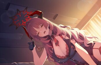 1girl blue_archive blush bra bra_peek breasts brown_eyes cleavage coin coin_on_string collarbone covered_navel detached_collar dutch_angle fangs fluffy_hair from_below game_cg gloves half-closed_eyes half_gloves halo highres hime_cut holding holding_pendulum holed_coin horns hypnosis hypnotizing_viewer indoors large_breasts long_hair mind_control mole mole_on_breast multicolored_horns navel necktie nemoga official_art open_mouth parted_bangs pendulum red_bra red_garter_straps red_hair red_halo red_horns red_necktie red_thighhighs satsuki_(blue_archive) solo sweatdrop thighhighs two-tone_horns underwear very_long_hair