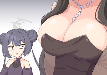 2girls bare_shoulders bead_necklace beads black_eyes black_hair blue_archive breast_conscious breast_focus breasts cleavage commentary_request detached_sleeves double_bun flat_chest hair_bun head_out_of_frame jewelry kisaki_(blue_archive) large_breasts long_hair multiple_girls necklace open_mouth rio_(blue_archive) shirayume_(shirayumetei) simple_background twintails white_background wide-eyed