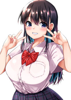 1girl black_hair blue_hair bow bowtie breast_pocket breasts collared_shirt colored_inner_hair commentary_request double_v grin hands_up highres large_breasts long_hair looking_at_viewer multicolored_hair original plaid_clothes plaid_skirt pocket purple_eyes red_bow red_bowtie red_nails school_uniform shirt shirt_tucked_in simple_background skirt smile solo upper_body v white_background white_shirt yuuki_hb