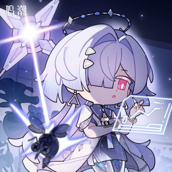 1girl arm_across_chest chibi chibi_only dress earrings english_text exoswam_(wuthering_waves) grey_hair hair_intakes hair_ornament halo highres holographic_interface jacket jewelry long_hair mornye_(wuthering_waves) official_art purple_dress see-through_body solo triangle_earrings white_jacket wuthering_waves