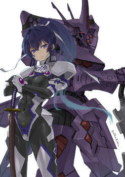 1girl armored_bodysuit birthday black_bodysuit blue_eyes blue_hair bodysuit breasts commentary_request covered_navel fortified_suit fortified_suit_(imperial_royal_guard) hair_intakes hair_ribbon happy_birthday highres holding holding_sword holding_weapon impossible_bodysuit impossible_clothes jun_(rellik_&amp;_redrum) katana long_hair mecha mecha_pilot_suit medium_breasts mitsurugi_meiya muv-luv muv-luv_alternative ponytail ribbon robot science_fiction see-through_bodysuit see-through_clothes skin_tight smile solo sword tactical_surface_fighter type_00_takemikazuchi weapon