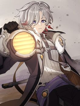 1boy blue_eyes coat commentary_request earrings genshin_impact highres holding holding_lamp holding_polearm holding_weapon illuga_(genshin_impact) jacket jewelry lamp long_sleeves looking_at_viewer male_focus mole mole_under_eye open_mouth polearm single_earring solo susukeya teeth vision_(genshin_impact) weapon