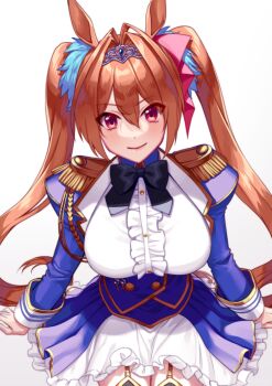 1girl aiguillette akatsuki_(kuon) animal_ears black_bow black_bowtie blue_jacket blue_skirt blush bow bowtie breasts brown_hair center_frills closed_mouth commentary_request daiwa_scarlet_(peak_blue)_(umamusume) daiwa_scarlet_(umamusume) epaulettes framed_breasts frills garter_straps hair_between_eyes hair_intakes horse_ears horse_girl horse_tail jacket juliet_sleeves large_breasts layered_skirt long_hair long_sleeves looking_at_viewer puffy_sleeves red_eyes shirt simple_background skirt smile solo tail tiara twintails umamusume very_long_hair white_background white_shirt white_skirt