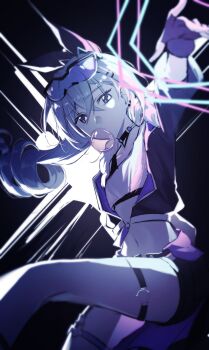 1girl absurdres black_bra black_gloves black_jacket black_shorts bra breasts chewing_gum cleavage collarbone commentary_request crop_top cropped_jacket drill_hair drill_ponytail eyewear_on_head fingerless_gloves gloves goggles goggles_on_head grey_eyes grey_hair hair_between_eyes highres honkai:_star_rail honkai_(series) jacket long_hair medium_breasts navel o-ring o-ring_thigh_strap ponytail shirt short_shorts shorts silver_wolf_(honkai:_star_rail) solo sparrow4193941 sports_bra stomach thigh_strap underwear white_shirt