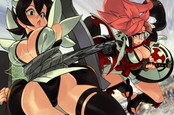 2girls alex_ahad amputee baiken big_hair black_hair black_kimono black_thighhighs blush bound breasts breasts_squeezed_together butterfly_swords choker cleavage commentary covered_erect_nipples curvy english_commentary eyepatch facial_tattoo fighting guilty_gear guilty_gear_strive highleg highleg_leotard highres holding holding_weapon iroha_(samurai_spirits) japanese_clothes kataginu katana kimono large_breasts leotard long_hair maid maid_day maid_headdress maid_leotard multiple_girls one-eyed open_clothes open_kimono outdoors parted_lips photo_background pink_hair restrained revealing_clothes ryona samurai samurai_spirits sandals scar scar_across_eye scar_on_face short_hair signature sword tattoo thighhighs toes torn_sleeve unconventional_maid weapon wide_hips