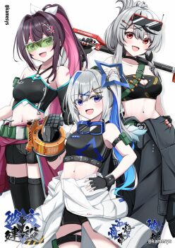 3girls :d absurdres alternate_costume alternate_hairstyle amane_kanata angel_wings azki_(hololive) bandeau black_bandeau black_gloves black_pants black_shorts black_thighhighs blue_hair blue_halo blue_wings braid breasts brown_hair clenched_hand clothes_around_waist colored_inner_hair commentary_request double-parted_bangs drill_hair drill_ponytail eyewear_on_head feathered_wings fingerless_gloves folded_hair gloves gradient_wings green-tinted_eyewear grey_hair hair_between_eyes hair_intakes hair_ornament hairclip halo halter_shirt halterneck hand_on_own_hip high-waist_skirt highres hololive jacket jacket_around_waist kamesys kanata_kensetsu long_hair looking_at_viewer mechanical_hands medium_breasts mini_wings multicolored_hair multicolored_wings multiple_girls open_mouth pants pink_hair purple_eyes red_eyes sakamata_chloe shirt shorts side_braid side_ponytail sidelocks single_hair_intake single_mechanical_hand skirt smile star_halo streaked_hair t-shirt techwear thighhighs tinted_eyewear twitter_username very_long_hair virtual_youtuber white_wings wings x_hair_ornament