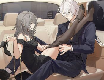 1boy 1girl absurdres alternate_costume antenna_hair bag bare_shoulders belt black_bag black_belt black_dress black_jacket black_pants black_pantyhose black_shoes black_suit black_vest blue_eyes car_interior chromatic_aberration closed_mouth clothes_pull dress eye_contact formal_clothes grey_hair hair_between_eyes hand_up hashtag-only_commentary hetero high_heels highres holding_shoes honkai:_star_rail honkai_(series) jacket left_shoe_removed legs_on_another&#039;s_shoulders legs_up light_blush long_hair long_sleeves looking_at_another meat7955 necktie off-shoulder_dress off_shoulder pants pantyhose pantyhose_pull parted_bangs phainon_(honkai:_star_rail) shirt shoes short_dress short_hair shoulder_bag single_shoe sitting smile socks stelle_(honkai:_star_rail) suit trailblazer_(honkai:_star_rail) unworn_shoes vest white_hair white_shirt white_socks yellow_eyes yellow_necktie