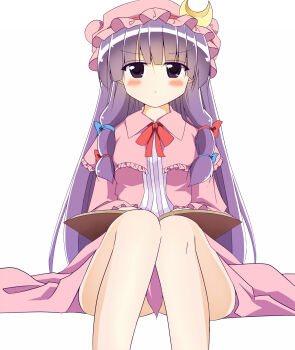 1girl blue_bow blush book bow bowtie capelet commentary_request crescent crescent_hat_ornament dress hair_bow hat hat_ornament highres long_hair looking_at_viewer mob_cap multiple_hair_bows open_book patchouli_knowledge pink_capelet pink_dress purple_eyes purple_hair red_bow red_bowtie shishiky simple_background sitting solo striped_clothes striped_dress touhou white_background