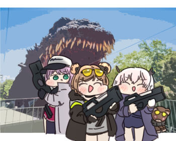 3girls ar-57 ar-57_(girls&#039;_frontline) baseball_cap black_gloves bullpup closed_eyes closed_mouth commentary cowboy_shot crossover deformed double_bun dress eyewear_on_head girls&#039;_frontline gloves godzilla godzilla_(series) green_eyes gun hair_bun hat highres holding holding_gun holding_weapon jacket looking_at_viewer multiple_girls open_clothes open_jacket open_mouth p50_(girls&#039;_frontline) p90 p90_(girls&#039;_frontline) personal_defense_weapon photo-referenced pink_hair pure_boy purple_dress shin_godzilla short_hair smile stuffed_animal stuffed_toy submachine_gun sunglasses teddy_bear tinted_eyewear toho weapon white_hair yellow-tinted_eyewear