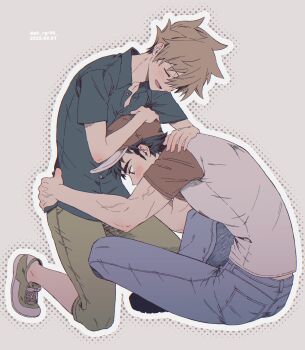 2boys baseball_cap black_hair blue_oak blue_pants blush brown_hair closed_eyes collared_shirt commentary_request denim green_pants grey_background hand_on_another's_head hand_on_another's_hip hand_on_another's_shoulder hat highres jeans kneeling looking_down male_focus multiple_boys nintendo open_collar pants pk_rgr96 pokemon pokemon_sm red_(pokemon) shirt shoes short_hair short_sleeves simple_background sitting smile sneakers t-shirt wing_collar