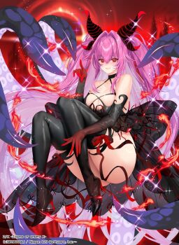 1girl bare_shoulders black_boots black_dress boots breasts cleavage commentary_request copyright_notice demon_tail dress elbow_gloves fire gloves hair_between_eyes high_heel_boots high_heels highres ku_rito_(z/x) large_breasts long_hair official_art pink_hair red_background red_eyes red_gloves solo tail tenryuu_yutaka tentacles thigh_boots two_side_up very_long_hair weisuoxin z/x