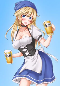 1girl alcohol alternate_costume anti_(untea9) apron barmaid beer beer_mug blue_background blue_eyes blush breasts cleavage cowboy_shot cup dirndl duff_beer german_clothes highres kantai_collection large_breasts long_hair looking_at_viewer mug oktoberfest open_mouth ranger_(kancolle) smile solo the_simpsons underbust
